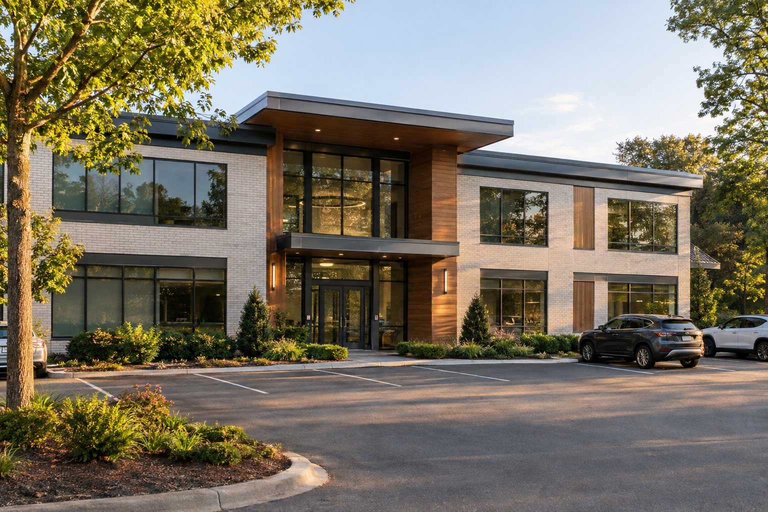 Modern two-story professional office building housing a therapy and psychiatry practice in late afternoon light