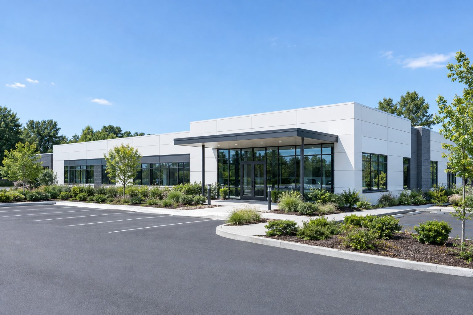 Contemporary single-story healthcare building with a landscaped parking lot