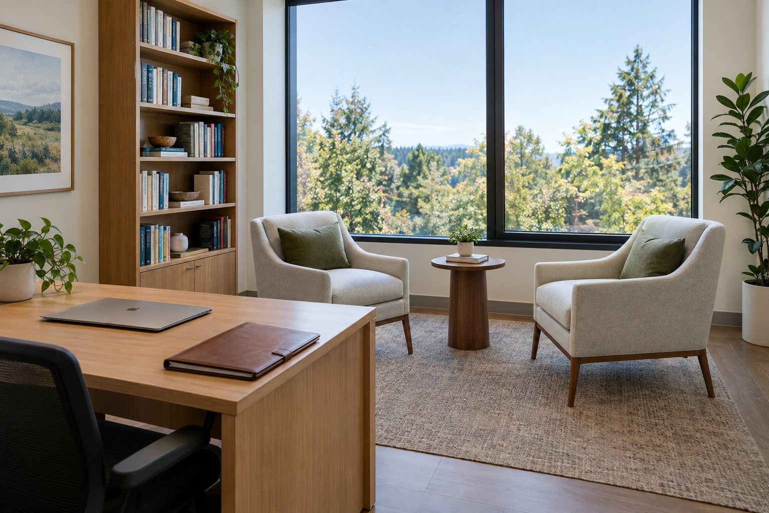 Quiet, orderly consulting office with a desk, leather folio, and two lounge chairs by a large window