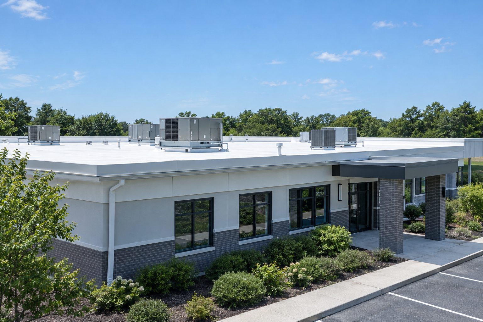 Roofline and rooftop HVAC units of a single-story medical building