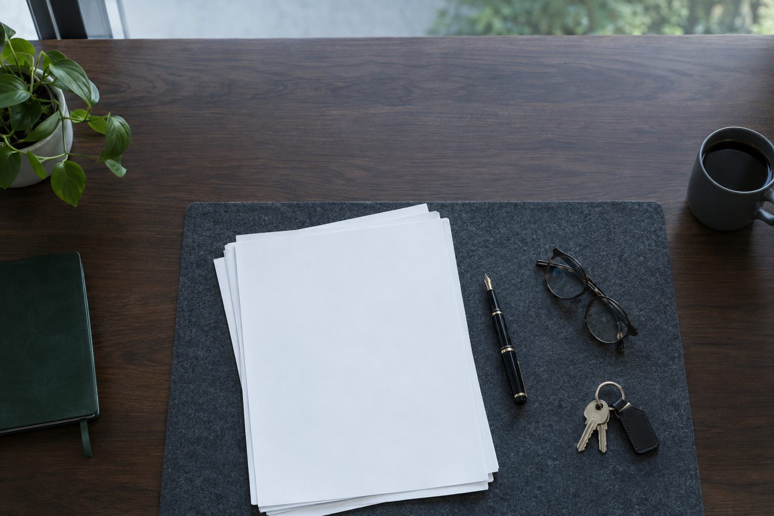 Closing documents, pen, reading glasses, and keys on a desk