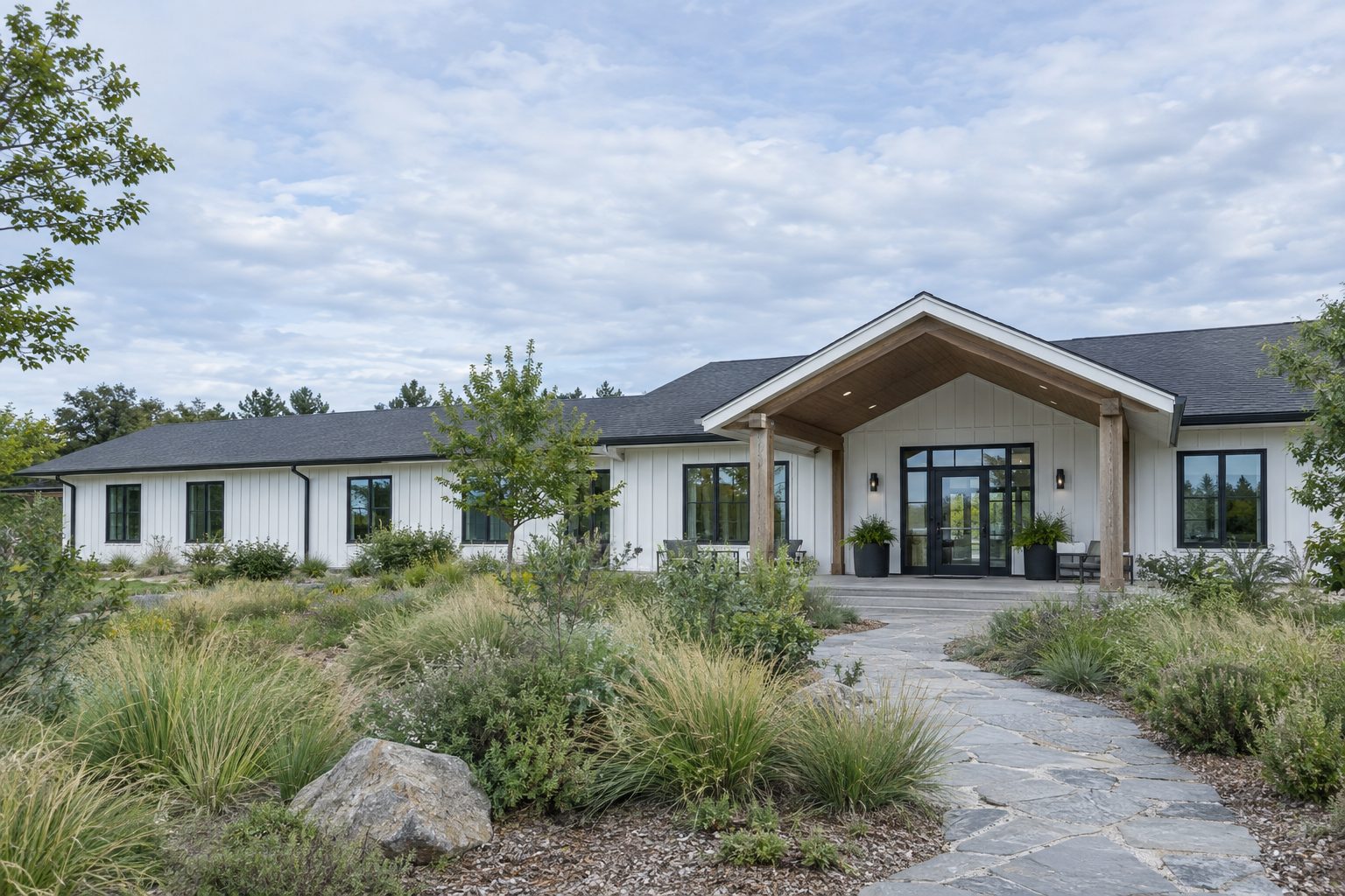 Residential behavioral health treatment center with a covered entry and stone walkway