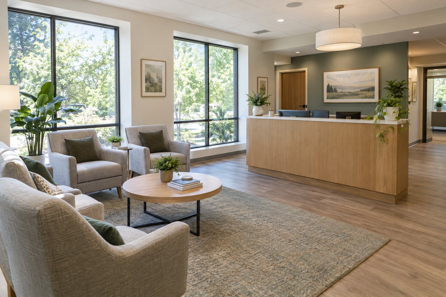 Calm, light-filled reception and waiting area of an outpatient behavioral health practice